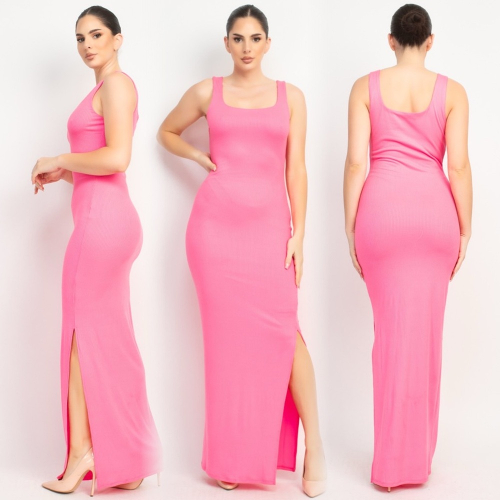 Neon Pink Ribbed Sleeveless Maxi Dress